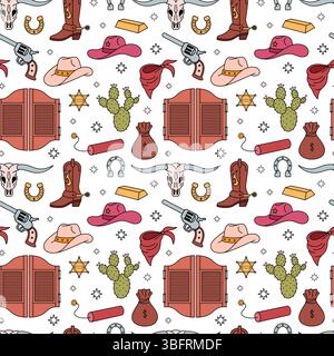 Motivo WESTERN senza cuciture. Stivali da cowgirl, cappello, ferro di cavallo, cactus. Carta da imballaggio a tema Cowboy western e Wild West. Illustrazione vettoriale disegnata a mano. Figura illustrata con Doodle Illustrazione Vettoriale
