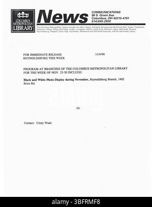 Questa raccolta del 1996 di comunicati stampa della Columbus Metropolitan Library (CML) include annunci su programmi di biblioteca, chiusure, aperture, acquisizioni e anniversari. Le pubblicazioni sono state distribuite a giornali locali, radio e stazioni televisive a Columbus, Ohio. Foto Stock