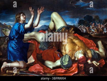 Davide rende grazie a Dio dopo la morte di Golia, Italia del XVII secolo, italiano, Parigi, Louvre, (David, Bibbia ebraica, terzo re del Regno Unito d'Israele, libri di Samuele, è descritto come un giovane pastore e arpista, che guadagna fama uccidendo Golia, un campione dei Filistei, nel sud di Canaan. Davide diventa il favorito di Saul, il primo re di Israele, Foto Stock