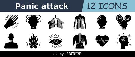Icona Flat Set attacco di panico. Agitazione della mano, vertigini, spasmo polmonare, dolore corporeo, sudorazione della testa, paura di morte, costrizione alla gola, bruciore al petto, stress oculare, gu Illustrazione Vettoriale