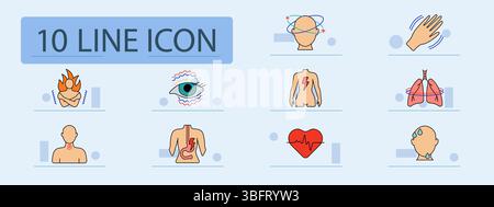 Icona del set attacco di panico. Agitare le mani, testa vertiginosa, dolore toracico, tremori polmonari, fiamma da stress, affaticamento oculare, nausea, dolore interno, battito cardiaco, sudorazione Illustrazione Vettoriale