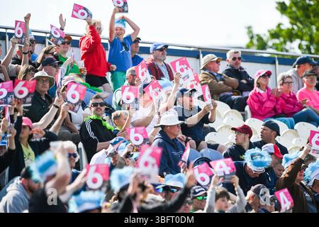 Hove UK 1 giugno 2025 - i tifosi si godono la partita di cricket T20 Vitality Blast tra Sussex Sharks e Gloucestershire al 1° Central County Ground di Hove: Credit Simon Dack /TPI/ Alamy Live News Foto Stock