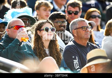 Hove UK 1 giugno 2025 - i tifosi si godono la partita di cricket T20 Vitality Blast tra Sussex Sharks e Gloucestershire al 1° Central County Ground di Hove: Credit Simon Dack /TPI/ Alamy Live News Foto Stock