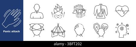 Icona del set attacco di panico. Agitazione della mano, tensione della gola, sensazione di bruciore, contrazione degli occhi, spasmo dello stomaco, frequenza cardiaca, vertigini, polmoni, testa sudorata, morte Illustrazione Vettoriale