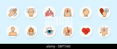 Icona dei sintomi d'ansia. Tremore della mano, rotazione della testa, tensione polmonare, dolore alla colonna vertebrale, sudorazione, paura di morte, tenuta al collo, calore, tensione oculare, digestione Illustrazione Vettoriale