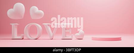 Podio rosa, amore e cuori su sfondo pastello pieno con luce spot. San Valentino, festa della mamma, compleanno, baby shower, mockup di prodotti di bellezza di prima qualità Foto Stock