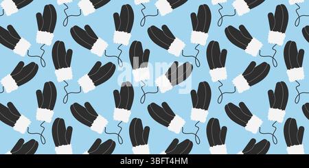 Guanti con pelliccia e decorazioni in stile stich su corda motivo senza cuciture bianco e nero su sfondo invernale blu. Illustrazione vettoriale isolata abiti invernali biglietti di auguri o tematici, banner promozionale, opuscoli, tag Illustrazione Vettoriale