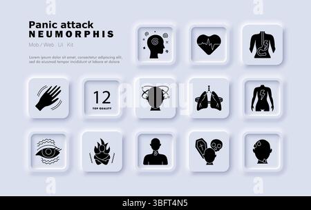 Icona del set attacco di panico. Agitazione della mano, vertigini della mente, battito cardiaco veloce, dolore digestivo, tensione polmonare, stress muscolare, spasmo oculare, brividi, sensazione di bruciore, c Illustrazione Vettoriale
