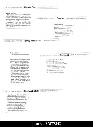 Questa raccolta di notizie pubblicate a febbraio 2004 fornisce aggiornamenti dalla Columbus Metropolitan Library (CML) a giornali locali, radio e stazioni televisive. I rilasci annunciano eventi della biblioteca, chiusure, aperture, acquisizioni e anniversari. Foto Stock