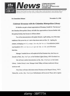Questa è una raccolta di comunicati stampa della Columbus Metropolitan Library (CML) pubblicata nel novembre 1996. Queste pubblicazioni sono state distribuite a giornali locali, radio e stazioni televisive, annunciando programmi di biblioteca, chiusure, aperture, acquisizioni e anniversari. Foto Stock
