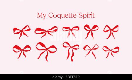 Bozze a nastro rosso Coquette Girly Vintage Sketch per biglietti d'auguri, feste di matrimonio o di compleanno, elegante stile Cowgirl per la decorazione di San Valentino Illustrazione Vettoriale