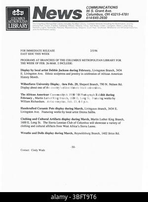 Questa è una raccolta di comunicati stampa della Columbus Metropolitan Library (CML) distribuiti a giornali locali, radio e stazioni televisive nel febbraio 1996. Le pubblicazioni evidenziano vari programmi di biblioteca, insieme alle notifiche di aperture, chiusure e anniversari. Foto Stock