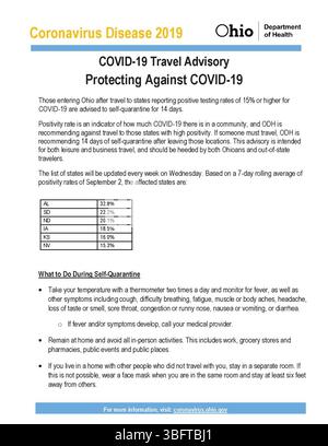Avviso di viaggio COVID-19 aggiornato il 2 settembre 2020. Fornisce orientamenti sanitari per i viaggiatori in risposta alla pandemia in corso, pubblicata per la prima volta il 22 luglio 2020. Foto Stock