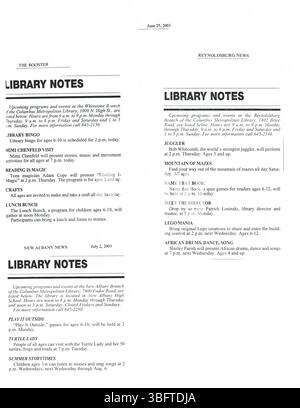 Questa raccolta di comunicati stampa di CML nel luglio 2003 copre eventi, acquisizioni e programmi della biblioteca, distribuiti ai media locali di Columbus per la copertura e gli annunci pubblici. Foto Stock