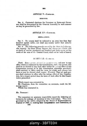 Questo articolo del giornale cattura i procedimenti formali della Convenzione costituzionale dell'Indiana del 1850, descrivendo dettagliatamente le discussioni sulla riforma costituzionale e le decisioni politiche dei delegati statali. Foto Stock