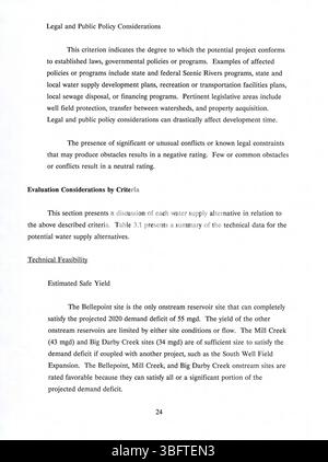Il progetto di relazione intermedia "Water Beyond 2000", fase 2, pubblicato il 26 settembre 1991 dalla Divisione dell'acqua, valuta le strategie alternative di approvvigionamento idrico. Discute le proposte per nuovi pozzi e bacini idrici per soddisfare la futura domanda idrica nei prossimi anni. Foto Stock