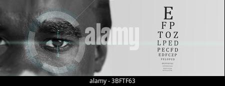 Display del test di visione con una vista ravvicinata dell'occhio di una persona e una mappa degli occhi a fuoco, evidenziando l'importanza della salute degli occhi Foto Stock