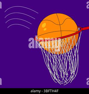 Illustrazione vettoriale cartoni animati della palla da basket che attraversa il cerchio su sfondo viola. Concetto di lezione di sport scolastici e educazione fisica. Per la schiena Illustrazione Vettoriale
