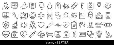 Set di simboli di stile disegnato a mano per l'assistenza sanitaria. Collezione di icone di disegno di Medical Line. Pacchetto logo medico ospedaliero. Immagine di illustrazione vettoriale. Isolato su Illustrazione Vettoriale