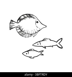 pesci sottomarini vettoriali disegnati a mano, silhouette a inchiostro bianco e nero di pesci tropicali esotici, schizzo di fauna marina, incisione illustrazione testurizzata di Illustrazione Vettoriale