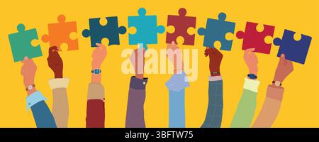 Idea di risoluzione dei problemi. Alzato la mano di uomini d'affari multiculturali che tengono in mano un puzzle Illustrazione Vettoriale