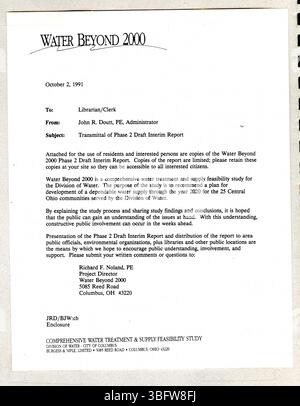 Il progetto di relazione intermedia Water Beyond 2000 fase 2, datato 26 settembre 1991, fornisce una valutazione delle opzioni di approvvigionamento idrico, tra cui la proposta di nuovi pozzi e bacini idrici per soddisfare la crescente domanda nei prossimi anni. Foto Stock