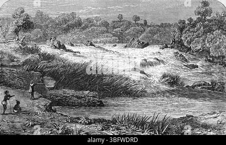 Cataratta, rapide di White Water o cascate di Ngonya, o cascate di Sioma, cascata o cascata di Zambesi o Zambia. Incisione vintage o storica o illustrazione 1866 Foto Stock