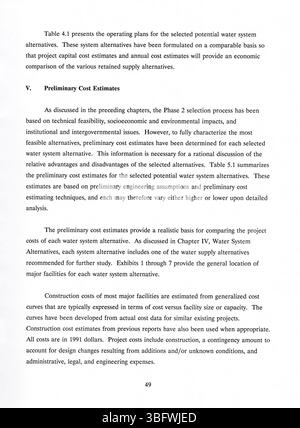 Il progetto di relazione intermedia del 1991, "acqua oltre il: Fase 2”, elaborato dalla divisione "acqua oltre il 2000", valuta varie alternative di approvvigionamento idrico. Propone nuovi pozzi e bacini idrici per soddisfare la domanda di acqua prevista nei prossimi anni. Foto Stock