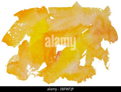 Sfondo giallo arancione con vernice ad acquerello. Pennellate artistiche a mano isolate su sfondo bianco Foto Stock