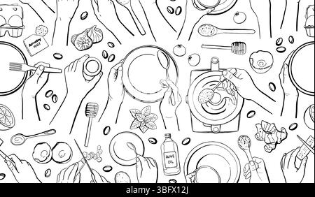 Le mani di cottura delineano un motivo senza cuciture. Mani dello chef che tengono in mano gli articoli da cucina. Teiera, tazza, coltello, cucchiaio, mestolo, coperchio, frusta, piatto. Illustrazione Vettoriale