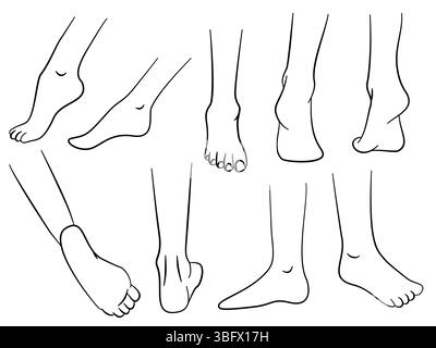 Set di icone per la cura delle gambe umane, parti del corpo. Le illustrazioni delle linee vettoriali delineano il pacchetto artistico dei piedi umani in vari gesti. Illustrazione Vettoriale