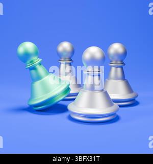 Rendering 3D del gioco degli scacchi con un pedone verde alto tra pedine d'argento. Foto Stock