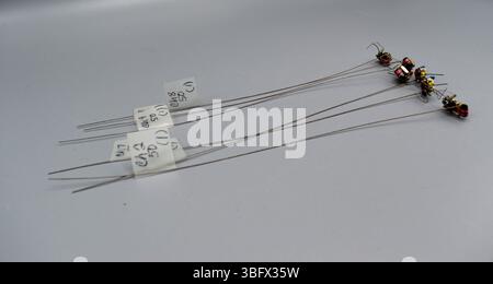 Questa collezione comprende sette piccoli trasmettitori per uccelli con antenne, utilizzati presso il Denver Wildlife Research Center per il tracciamento e la ricerca della fauna selvatica. Foto Stock