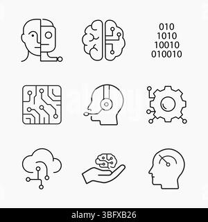 Set di icone minimalista di intelligenza artificiale che mostra robotica, apprendimento automatico, riconoscimento facciale e automazione, illustrazione vettoriale Illustrazione Vettoriale