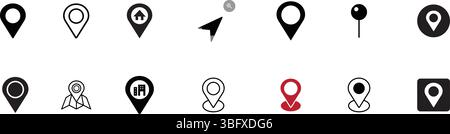 Set di icone di navigazione e puntina della posizione della mappa per GPS, viaggi e interfaccia utente dell'app Illustrazione Vettoriale