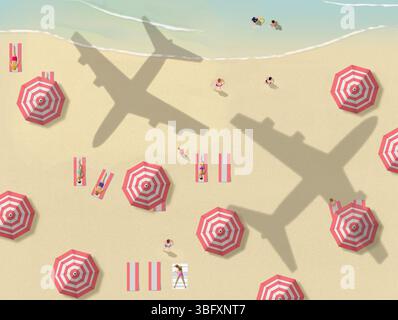 Spiagge e resort popolari portano con sé, traffico aereo e aeroporti affollati. In questa illustrazione in 3D gli aerei gettano le ombre su una spiaggia affollata. Foto Stock