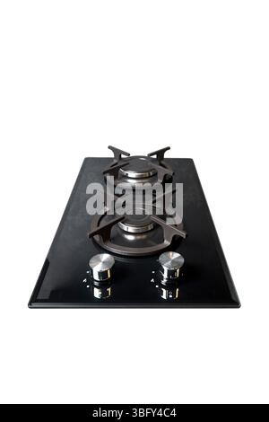 Piano cottura a gas in vetro temperato nero contemporaneo con due bruciatori con manopola di accensione automatica supporti piatti in ghisa e valvola di sicurezza fiamma isolata su Foto Stock