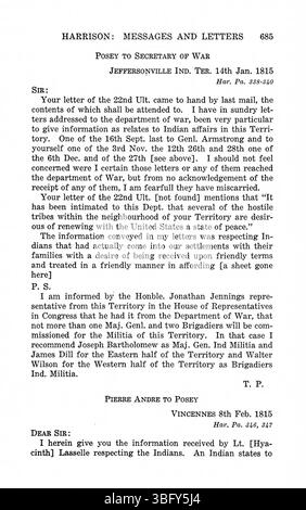 Questa pagina dell'edizione del 1922 compila la corrispondenza e i messaggi di William Henry Harrison, coprendo il suo mandato come governatore dell'Indiana, inclusi documenti dei governatori John Gibson e Thomas Posey. Foto Stock
