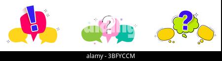 Punti interrogativi a bolle. E le risposte a loro. Il concetto di domande frequenti. Illustrazione Vettoriale