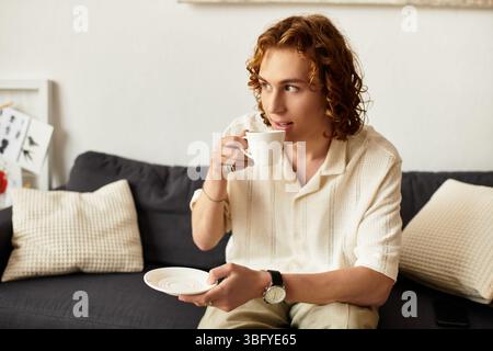 Un giovane sorseggia il suo drink con cura, circondato da un'atmosfera accogliente nella sua casa. Foto Stock