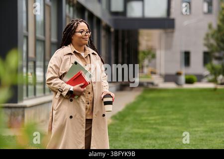 Un educatore universitario cammina per il campus, sorseggiando una bevanda calda e portando con sé materiali per lo studio. Foto Stock