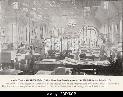 Questa fotografia del 1897 mostra l'interno della Ruggles-Gale Company, un noto produttore di libri in bianco e cartoline. L'azienda è stata riconosciuta per il suo lavoro di alta qualità in tutti gli Stati Uniti. La compagnia era guidata da George L. Ruggles come presidente, Mathew A. Birkenbach come vicepresidente, e John T. Gale come segretario e tesoriere. Foto Stock