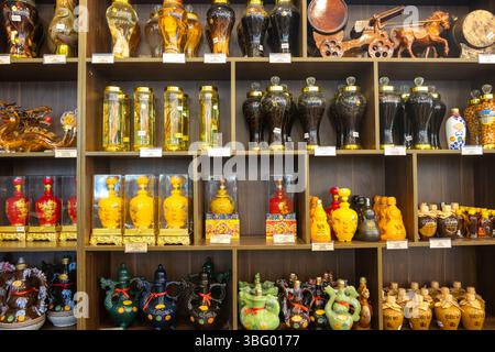 DA NANG, VIETNAM, 24 aprile 2025, negozio che offre bevande uniche con animali e piante all'interno di bottiglie Foto Stock