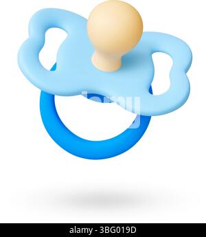 Icona 3d del succhietto bambino. Nipplo isolato in silicone blu realistico con elementi in plastica. Accessorio per neonati per calmare il vettore di rendering del succhietto Illustrazione Vettoriale