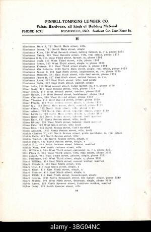 La pagina 54 dell'elenco di 1911 Rushville fornisce una continuazione degli elenchi degli affari e delle chiese, insieme agli annunci di servizio pubblico. Foto Stock