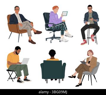 Uomini d'affari seduti su poltrone con computer portatile Illustrazione Vettoriale