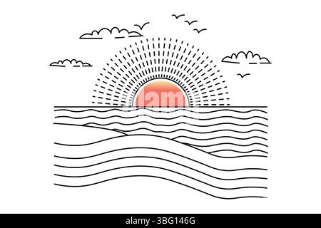 Tramonto, disegno continuo di una linea di splendidi paesaggi Illustrazione Vettoriale