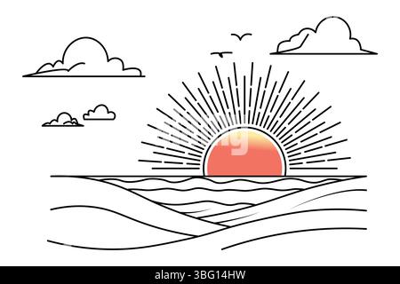 Tramonto, disegno continuo di una linea di splendidi paesaggi Illustrazione Vettoriale