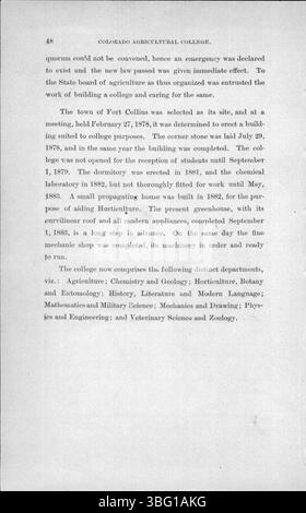 Pagina 48 dell'ottavo registro annuale elenca le offerte di corsi e gli incarichi di facoltà per la sessione 1886-1887 presso lo State Agricultural College di Fort Collins. Foto Stock