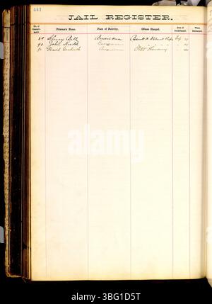 Questa pagina dei registri della prigione della contea di Franklin (1860-1892) riporta i nomi dei prigionieri, le loro accuse, la natività, e l'impegno, la liberazione, o date di trasferimento. Foto Stock